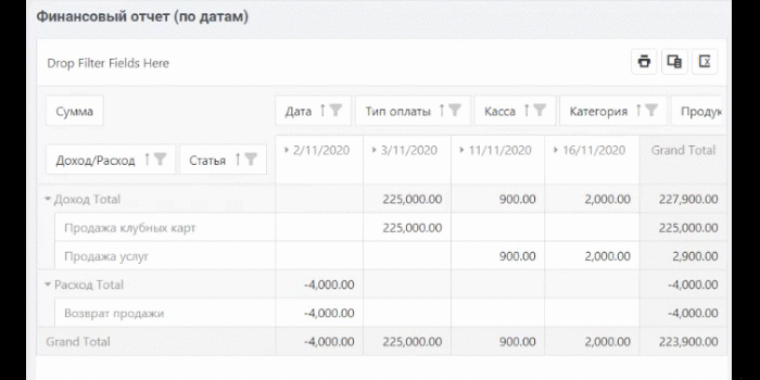 детализация типов оплат финансового отчета