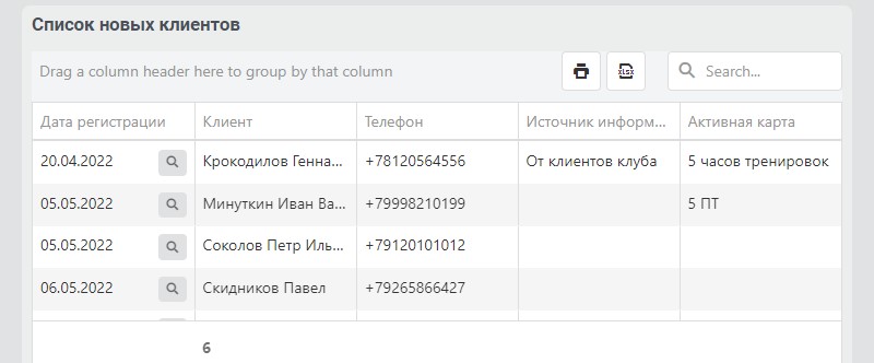 таблица список новых клиентов