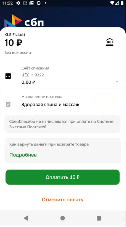 Оплата СБП в приложении клиента. Окно оплаты